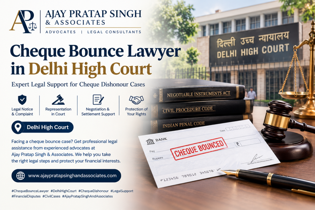 Cheque Bounce Lawyer in Delhi high court, illustrating a dishonoured cheque, legal documents and a gavel in the context of Section 138 of the Negotiable Instruments Act.