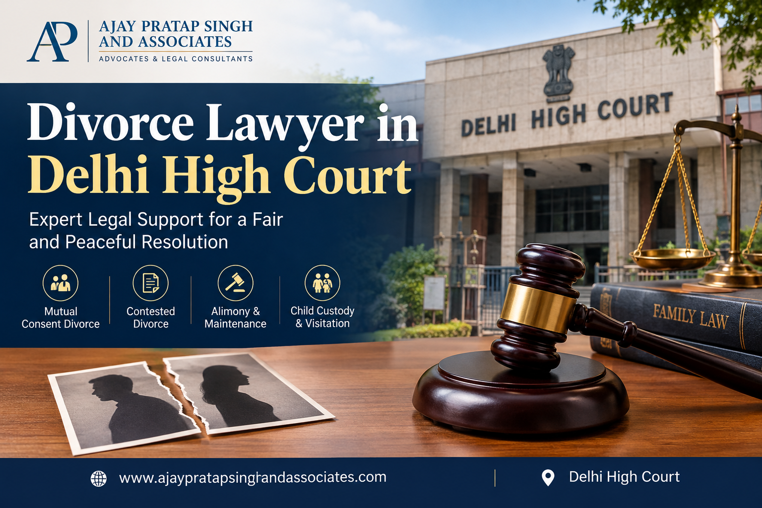 Divorce Lawyer in Delhi High Court, with legal documents, a marriage certificate and law books on a desk representing matrimonial litigation and divorce proceedings in Delhi.
