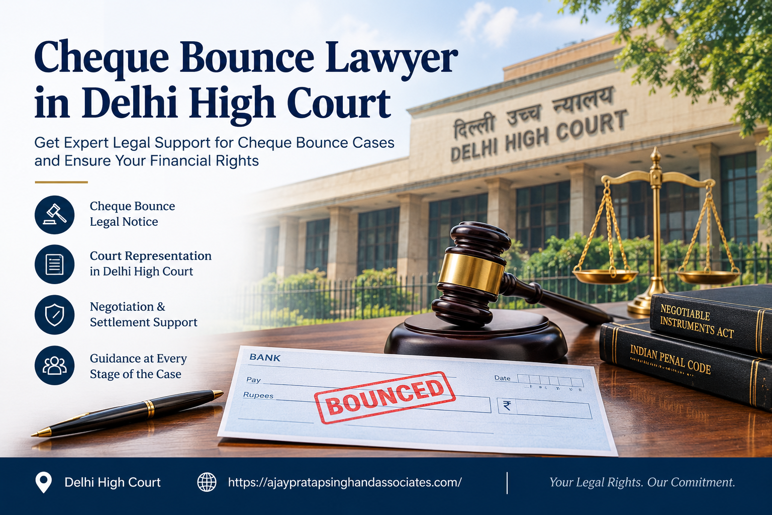 Cheque Bounce Lawyer in Delhi High Court for Section 138 matters, legal notice, bail, defence, settlement, appeals and cheque dishonour disputes.